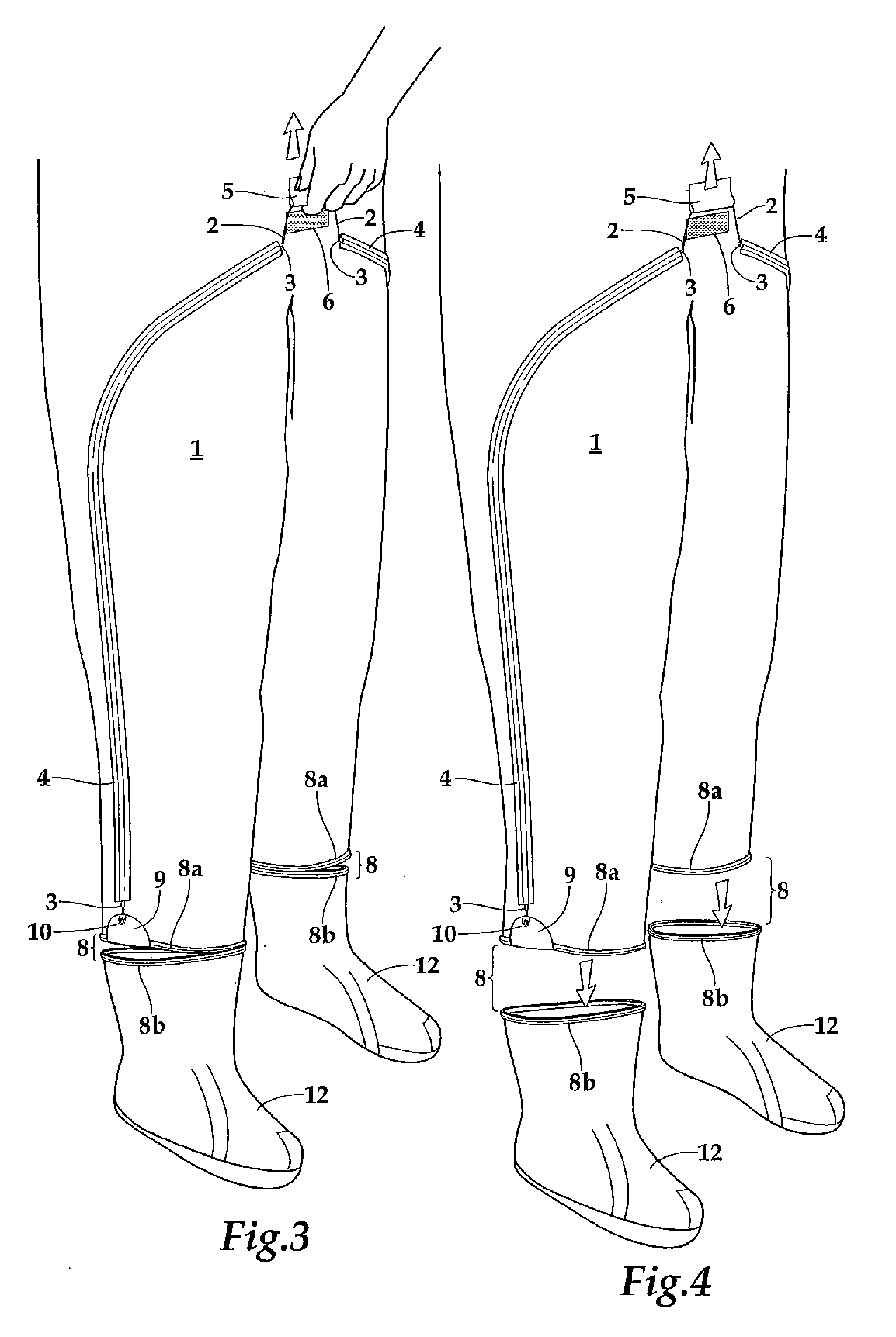 Wader with quick-release system for evacuation of water