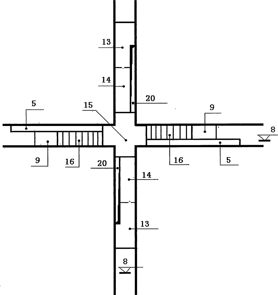 Interchange crossing designed for pedestrians walking on ground, cars running above or under ground level, and mutual accommodation only among cars on same road