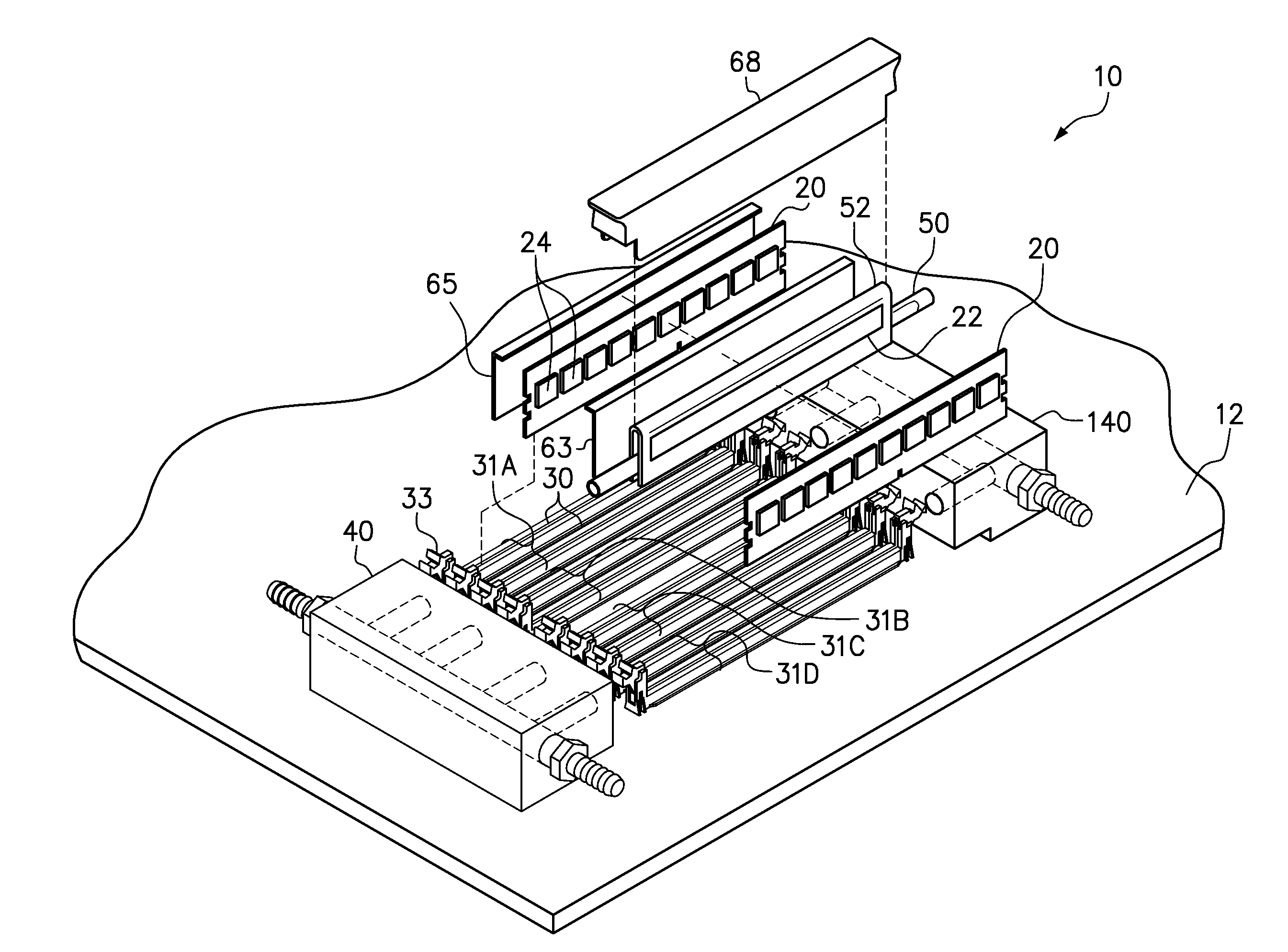 Liquid-cooled memory system having one cooling pipe per pair of dimms