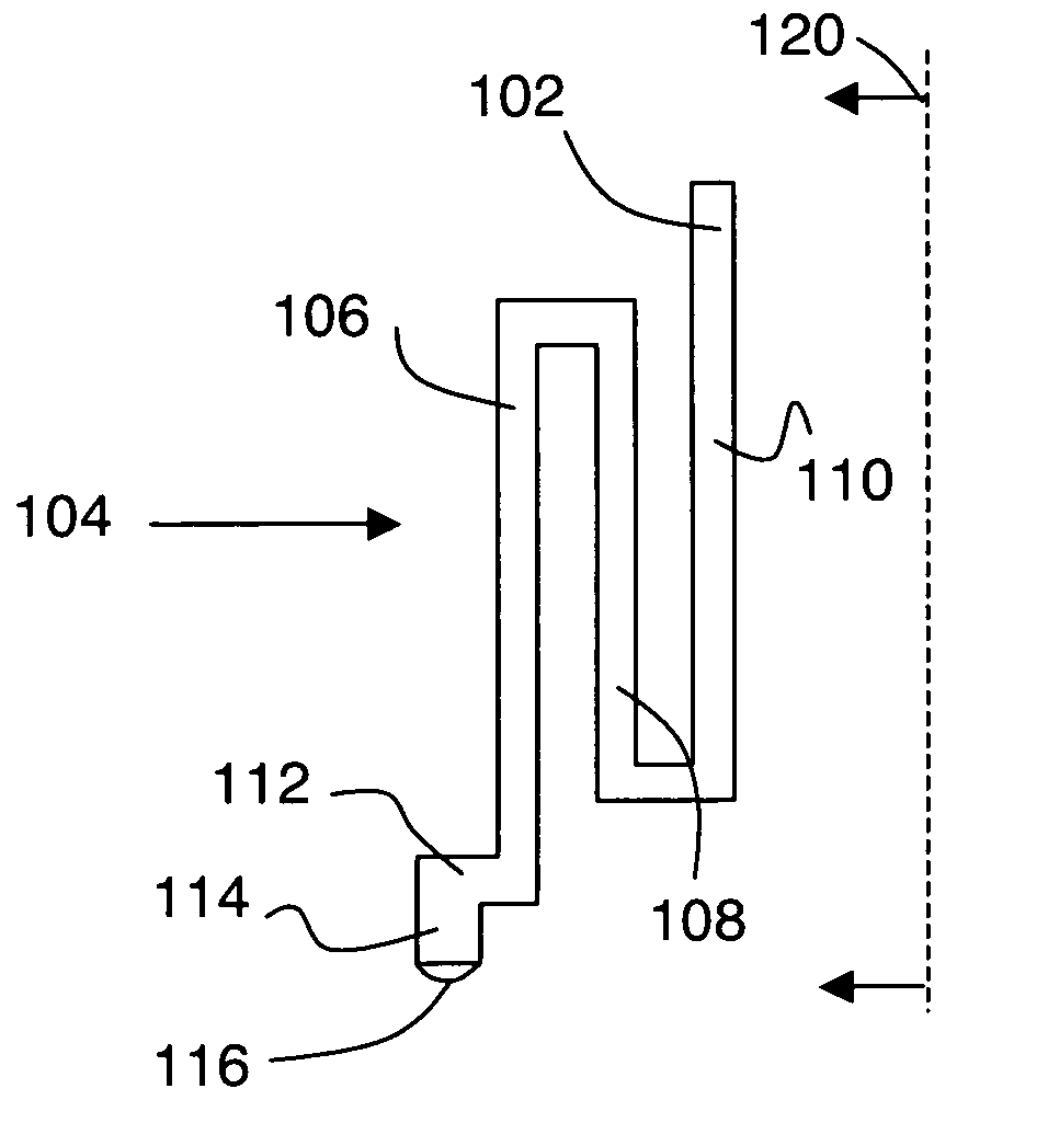 Low profile probe having improved mechanical scrub and reduced contact inductance