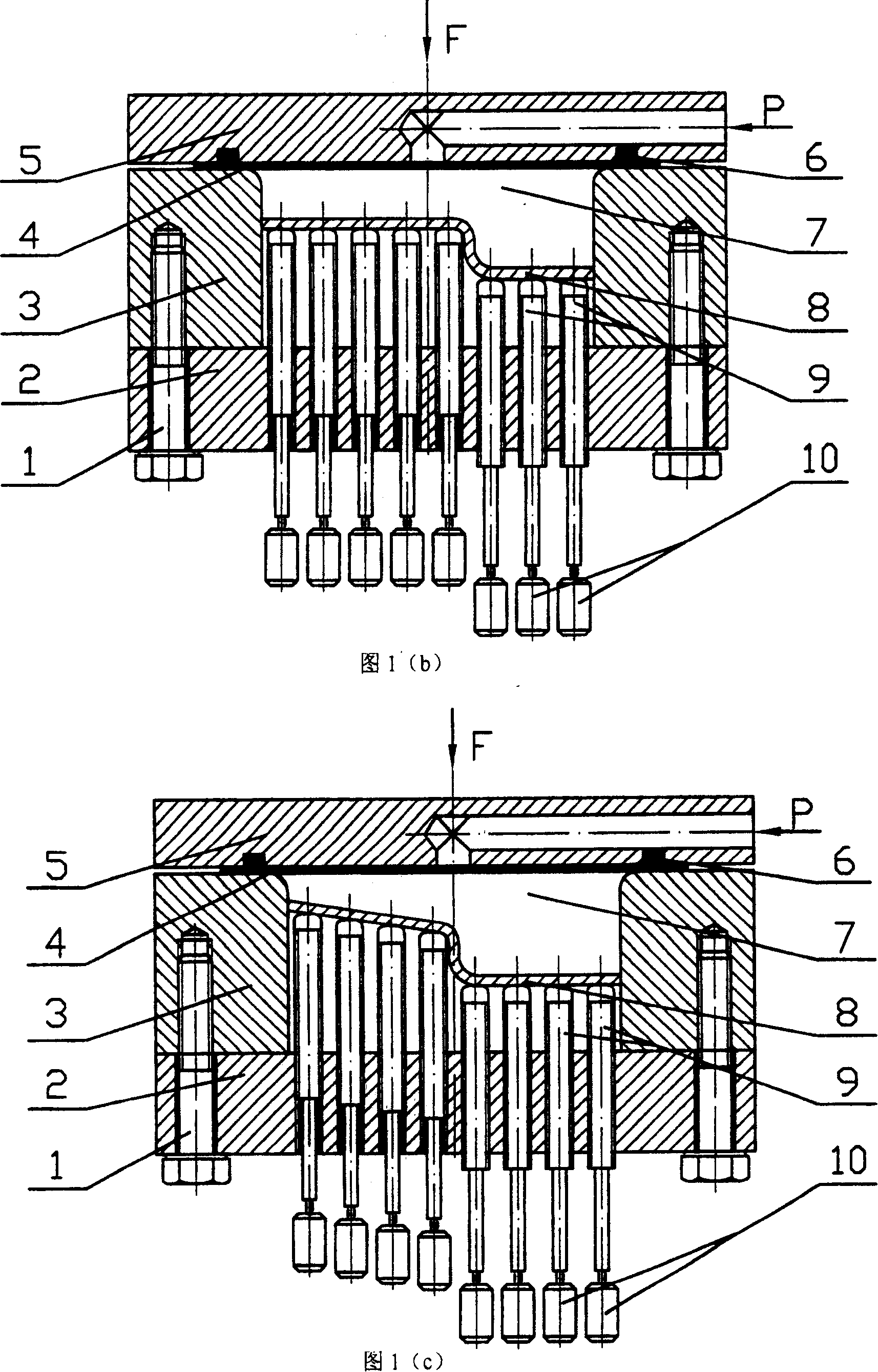 Hydraulic or pneumatic shaping method and device of plate material