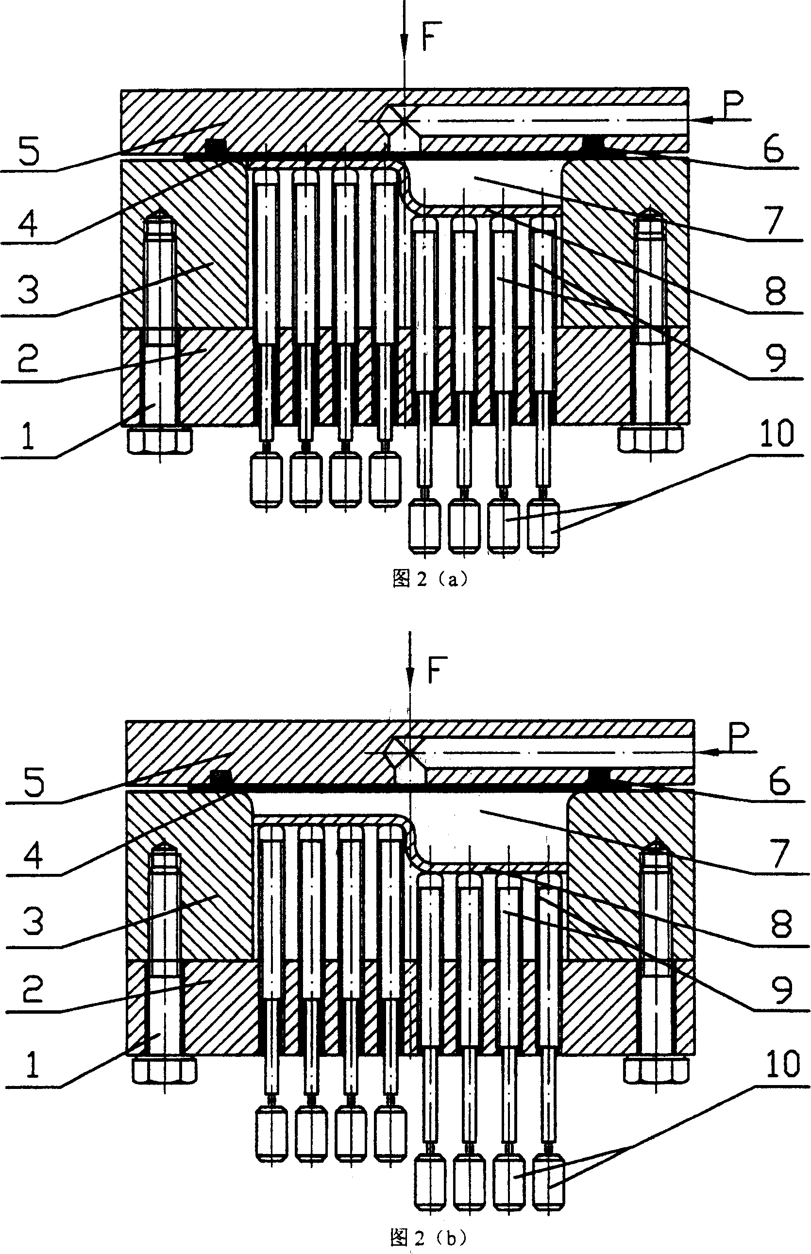 Hydraulic or pneumatic shaping method and device of plate material