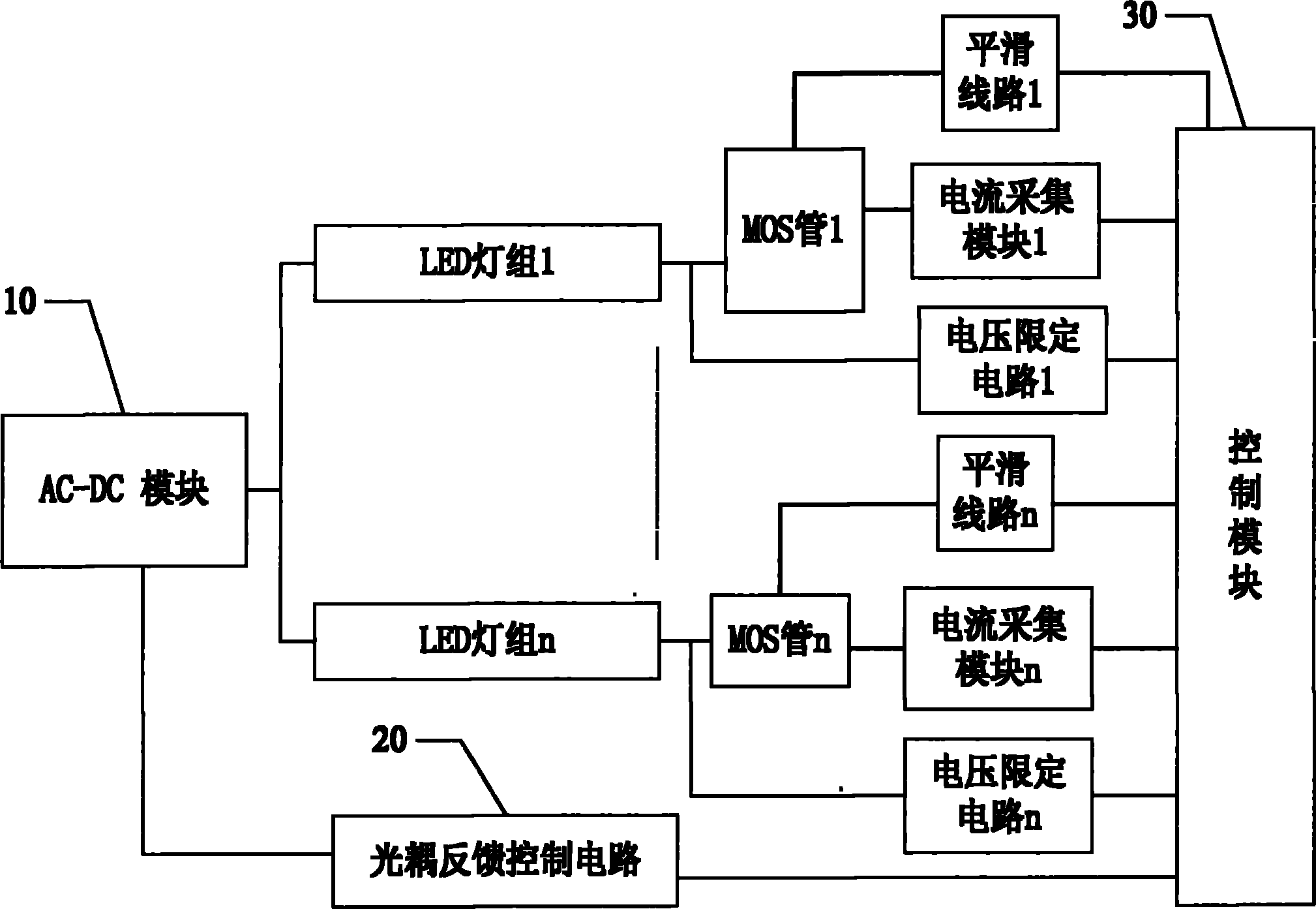 Constant current control method and circuit of multipath paralleled LED power supply