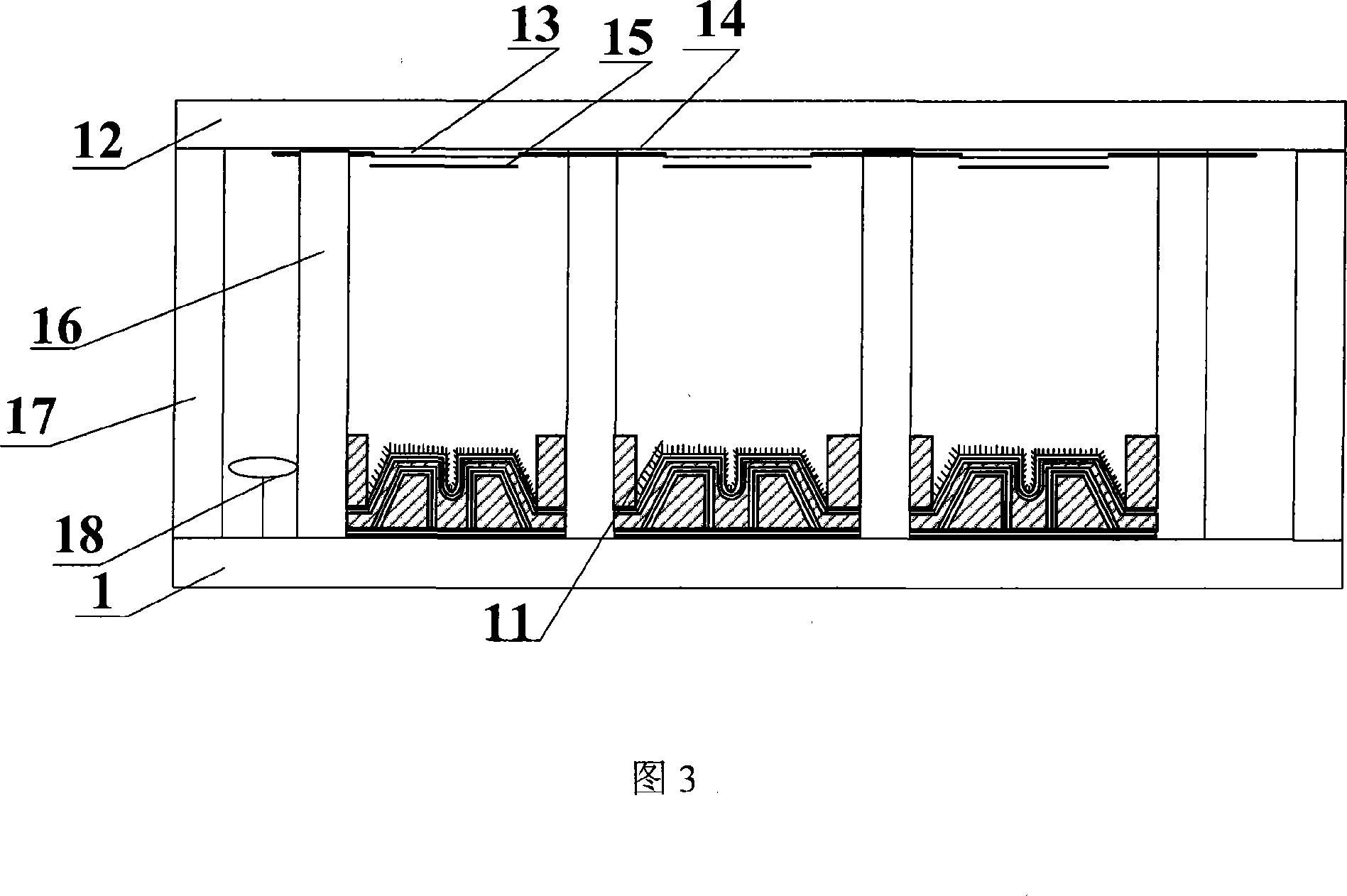 Planar display device with inclined-sloped bottom-grid controlled transmitting structure and its production