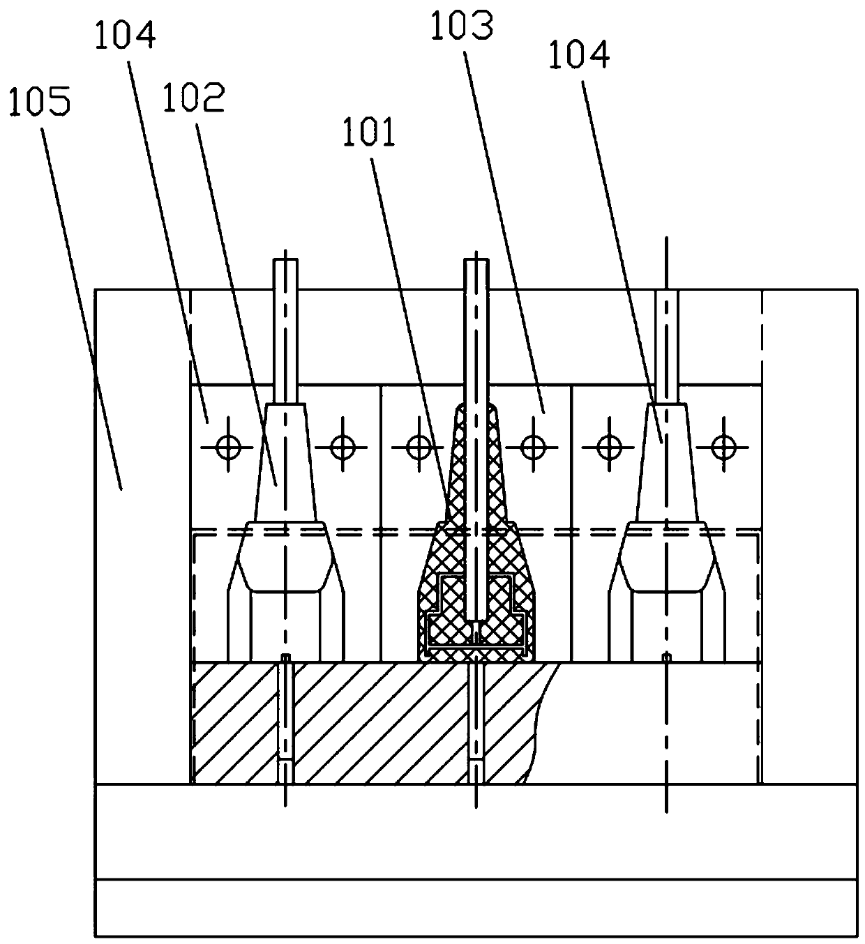 Injection mold for efficiently producing plastic part with metal inserts