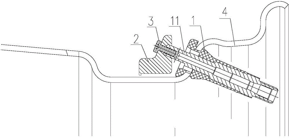 Connecting structure for tire pressure monitoring sensor and inflating valve