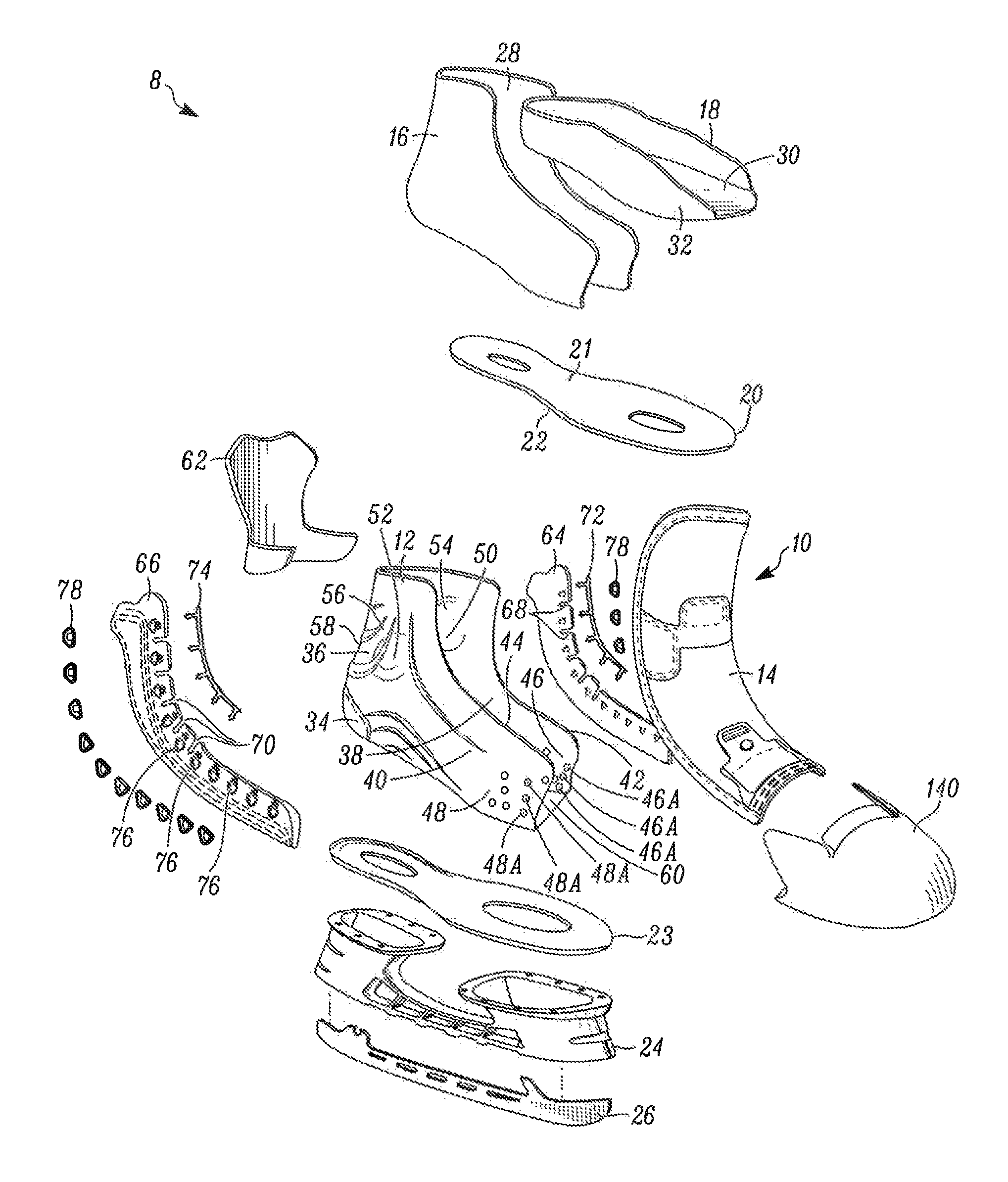 Skate boot having a toe cap with rear extensions