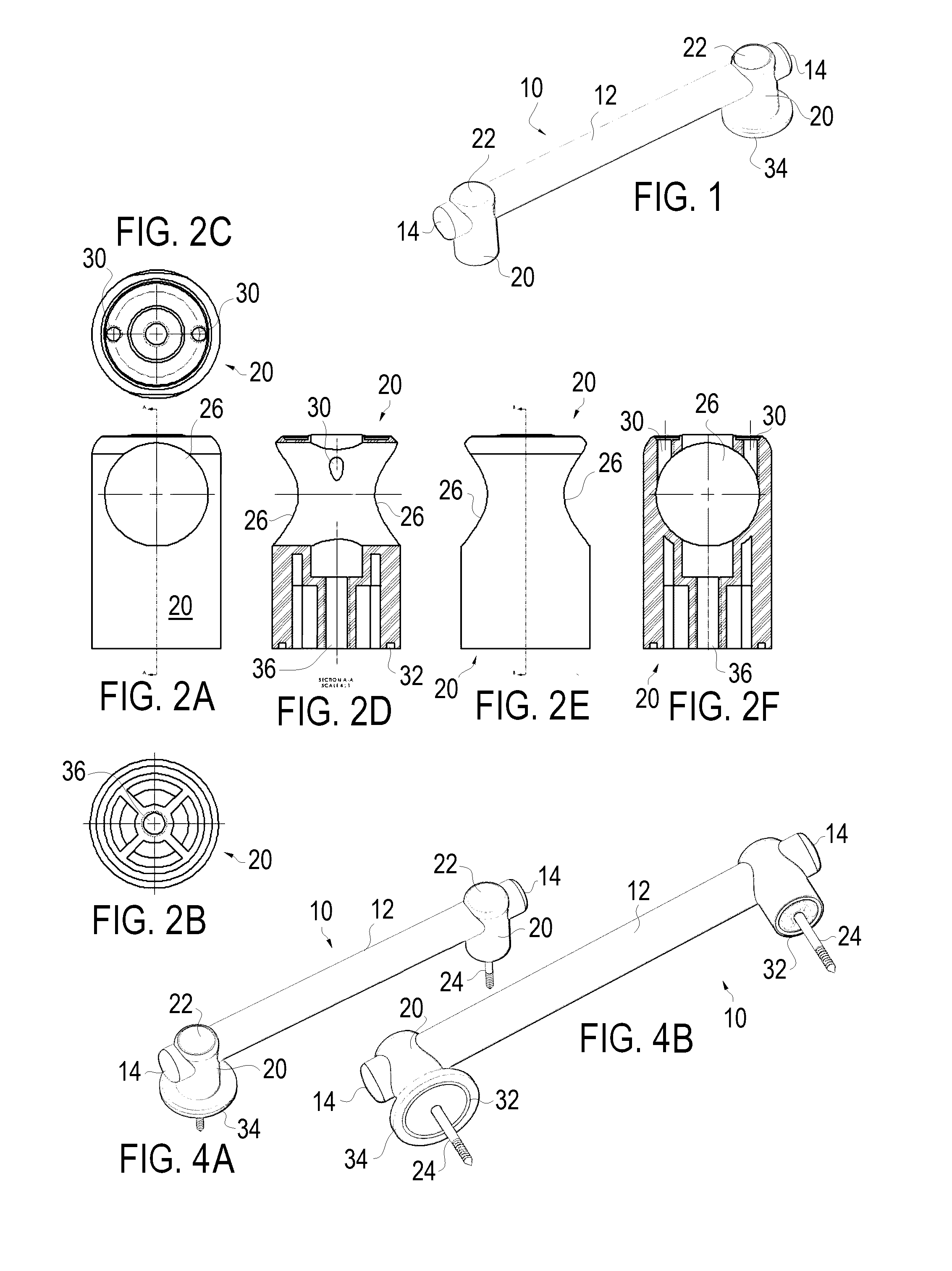 Universal grab bar with one piece molded mount and integrated accessories