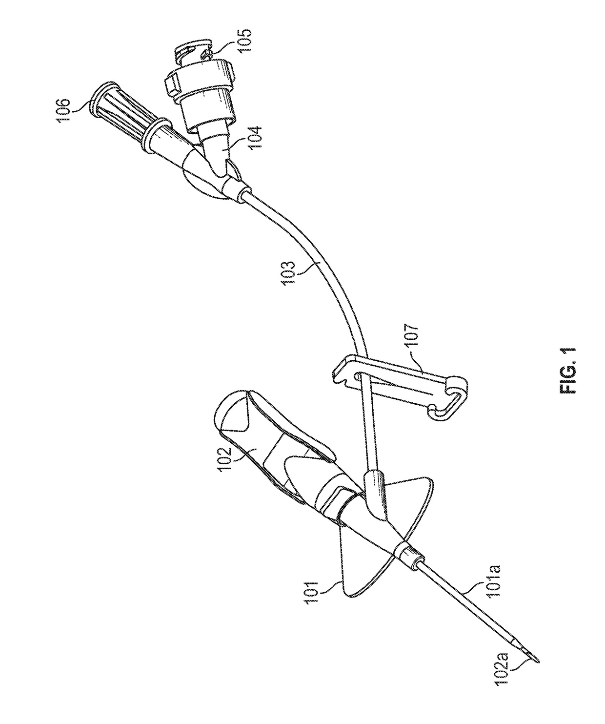 Closed iv access device with paddle grip needle hub and flash chamber