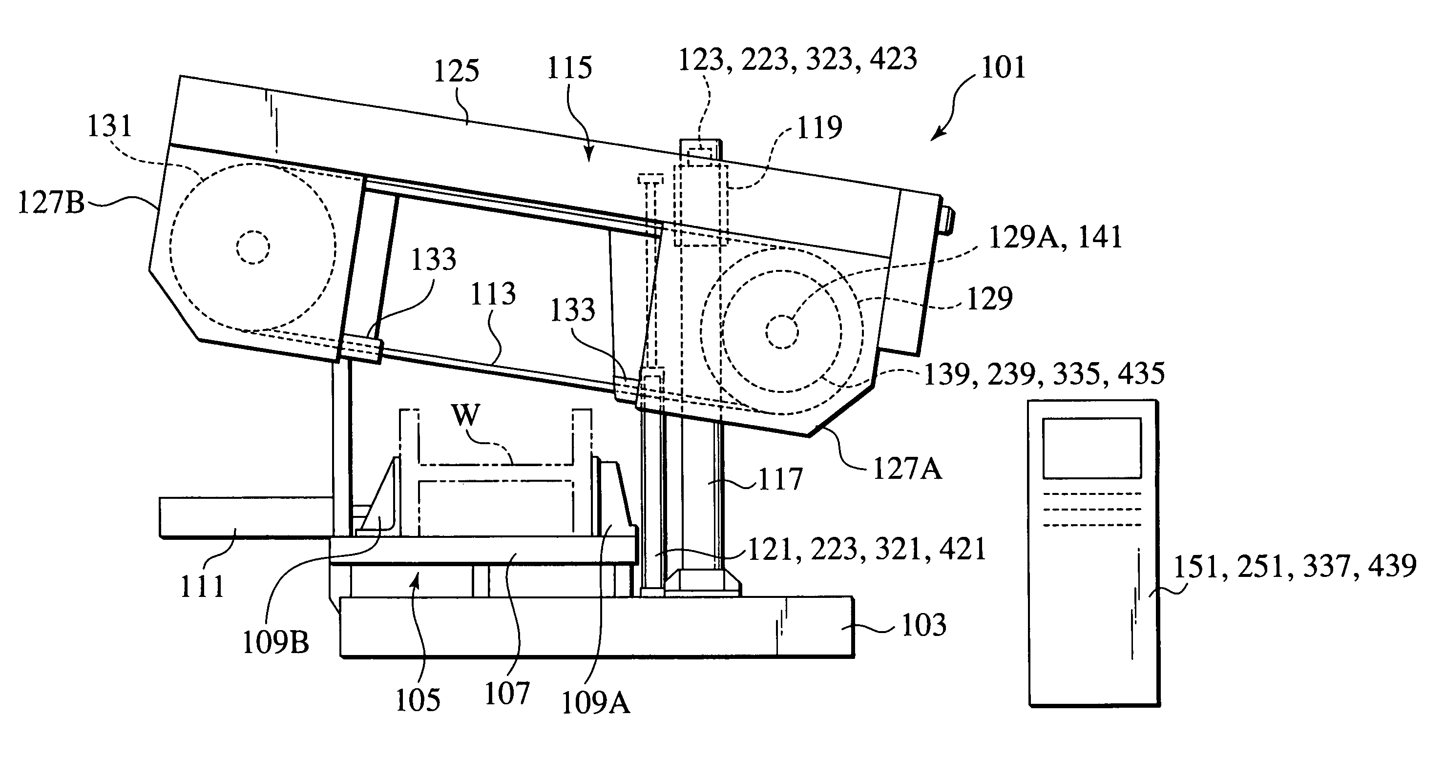 Sawing machine, cutting-off method, and method of reducing noise