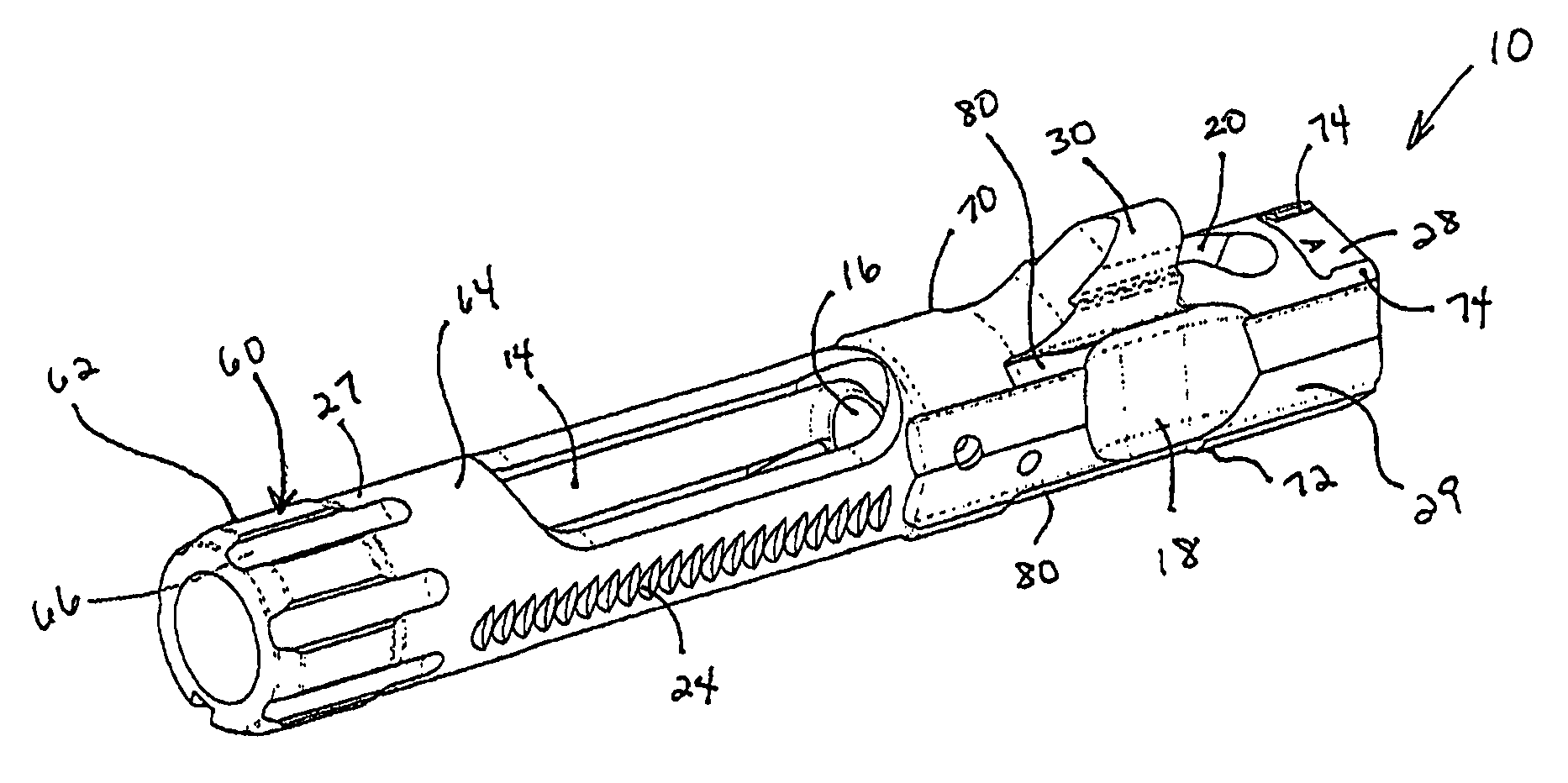 Self loading firearm bolt carrier with integral carrier key and angled strike face